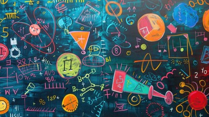 Colorful chalkboard filled with equations and drawings in a classroom