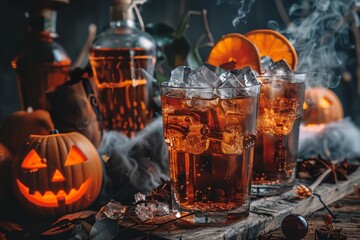 A table with two glasses of orange juice and a pumpkin on it. The table is decorated with Halloween items