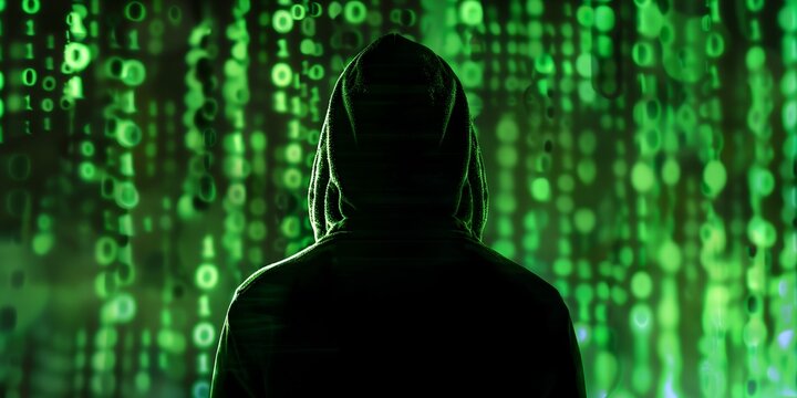 A man is standing in front of a green screen with a green background. The man is wearing a hoodie and he is looking at the camera. Concept of mystery and intrigue - Powered by Adobe