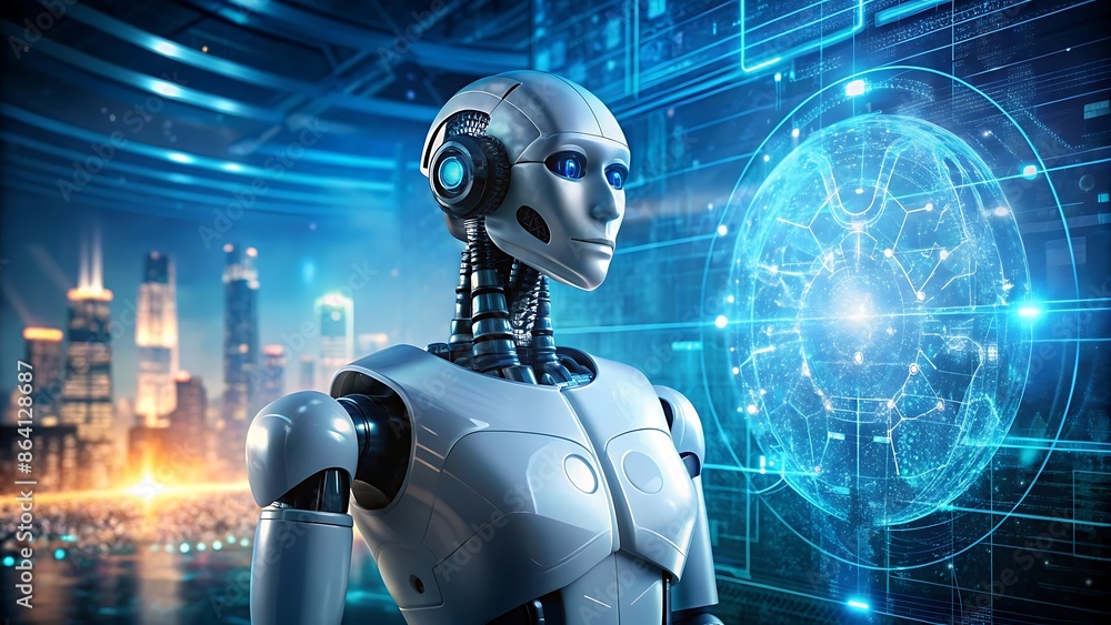Poster ai robot looking at a global network.