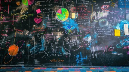 Colorful chalkboard covered in equations and diagrams in a classroom