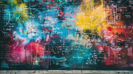 Colorful chalkboard covered in equations and diagrams in a classroom