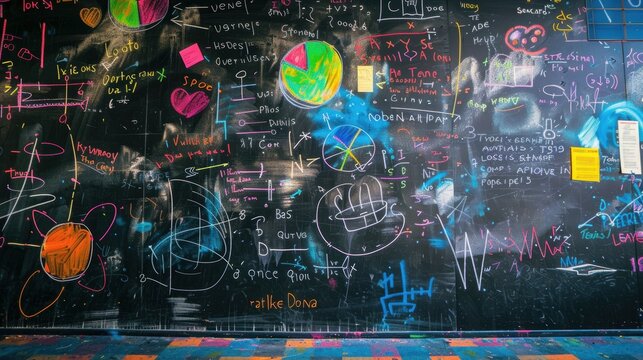 Colorful chalkboard covered in equations and diagrams in a classroom