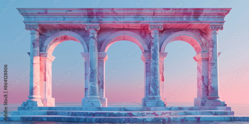 Poster a large archway with three arches and a pink sky in the background. the archway is made of stone and