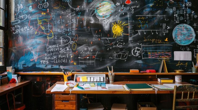 Colorful chalkboard filled with equations and drawings in a classroom