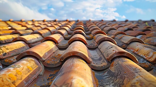 Close-up of a terracotta tile roof against blue sky - Powered by Adobe