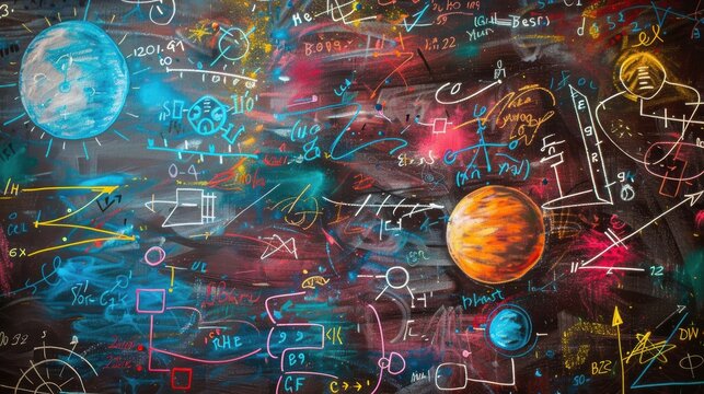 Colorful chalkboard filled with equations and planets in a classroom