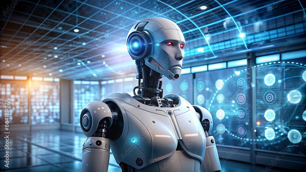 Poster futuristic robot in a data center.