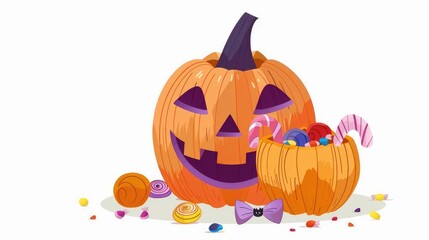 Fototapeta premium a Halloween pumpkin with candy, holiday design, colorful illustration, orange and purple, isolated on white background