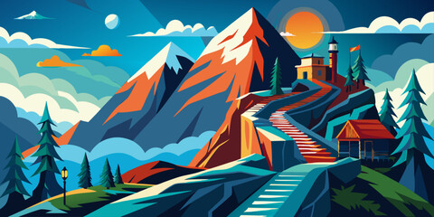  illustrations of cartoon mountain landscapes. Design element for poster, card, banner, flyer. Vector illustration