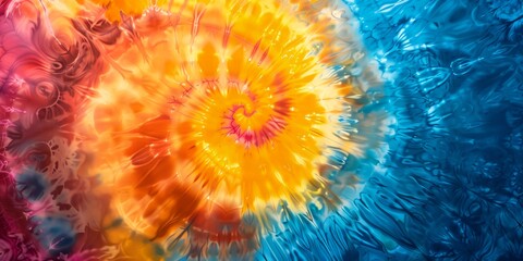 Obraz premium A colorful tie dye swirl with a blue background. The colors are bright and vibrant, creating a lively and energetic mood. The swirl pattern suggests movement and fluidity. Overall