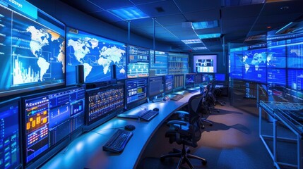 Modern computer room with multiple monitors and data displays