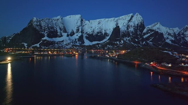 Aerial view of Lofoten Islands beautiful landscape during winter