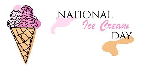 Colorful Doodle National Ice Cream Day with text inscription beige cone in violet, pink colors. Editable stroke. Vector illustration template for cards, business, banners, textile, poster, wallpaper	