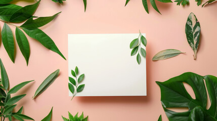 Fototapeta premium white blank gift card mockup template with leaves 