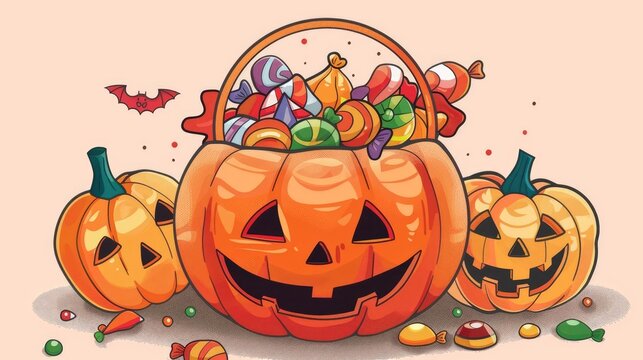 alloween candy pumpkin basket flat design top view trick-or-treat theme cartoon drawing vivid