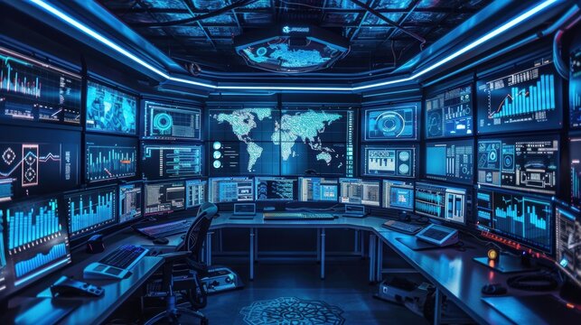 Modern computer room with numerous monitors displaying data and world map - Powered by Adobe