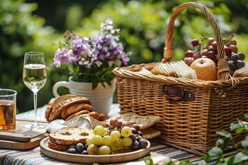Elegant Outdoor Picnic with Wine, Fresh Fruits, and Bread