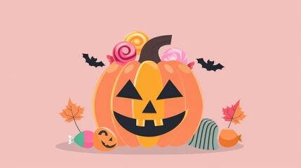 Halloween candy pumpkin holder flat design front view party theme animation colored pastel