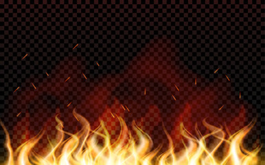 Background with fire and 3d flames effect. Sparks are realistic. Light. Heat transparent background. Bonfire with wood chips. Glow and clouds. Coal Effect. Particle. Cinder and embers. Campfire.