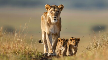 Fototapeta premium Protective lioness leading cubs through golden grassland at sunrise