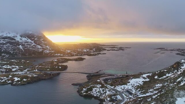 Aerial view of Lofoten Islands beautiful landscape during winter