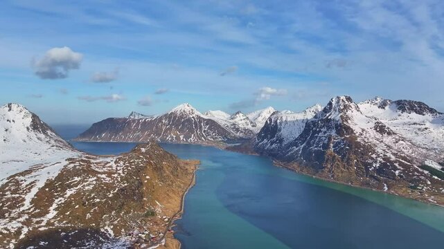 Aerial view of Lofoten Islands beautiful landscape during winter