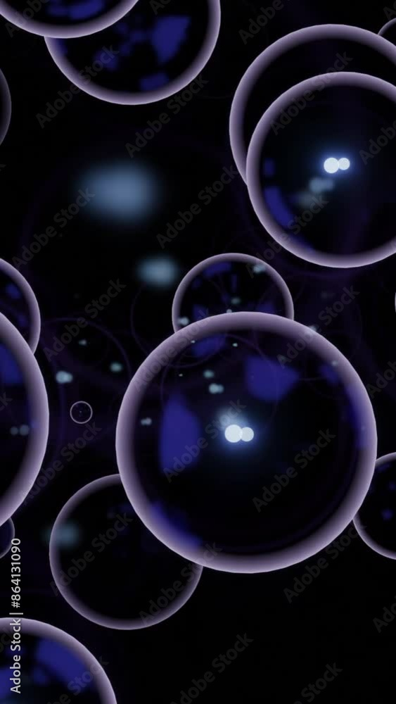 Poster black background. design. large white bubbles in animation on a dark background scatter in different