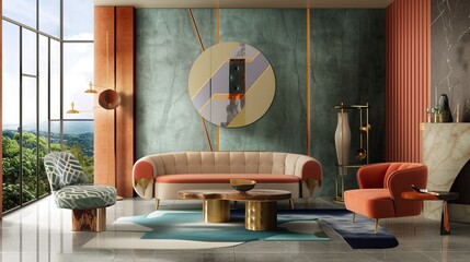 A modern living room with stylish furniture, including a beige sofa, an orange armchair, a patterned chair, and a round coffee table. 