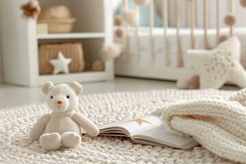 A soft teddy bear sits on a knitted rug, surrounded by warmth and comfort in a serene nursery.
