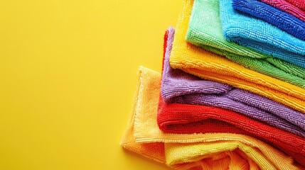 Vibrant microfiber cloths on yellow background for cleaning service concept