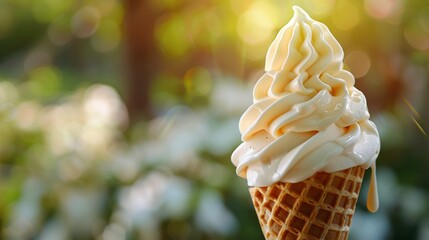Delicious vanilla ice cream cone with blurred background