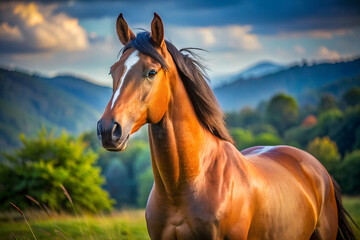 Fototapeta premium Beautiful nester horse on the background of mountain landscape.