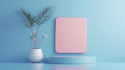 This minimalist composition in pastel colors spotlights a palm plant in a white pot accompanied by a blank square canvas, illustrating an elegant and serene aesthetic.