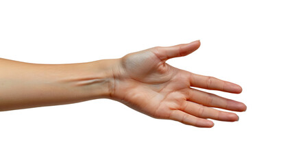 Outstretched human hand with open palm on white background, representing gesture, help, welcome, or support.