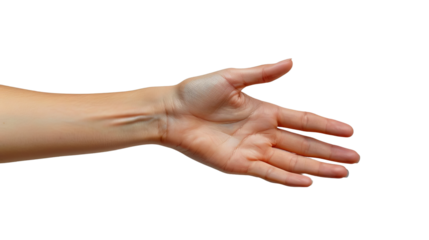 Outstretched human hand with open palm on white background, representing gesture, help, welcome, or support.