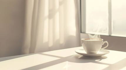 A cup of steaming coffee is placed on the table