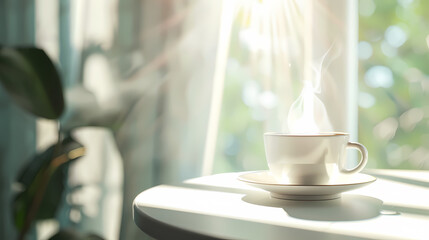 Fototapeta premium A cup of steaming coffee is placed on the table