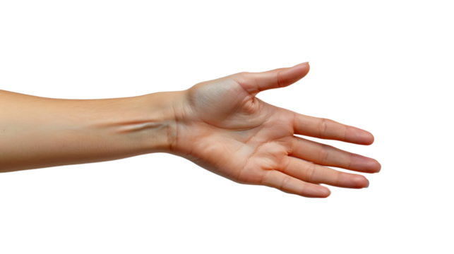 Outstretched human hand with open palm on white background, representing gesture, help, welcome, or support.