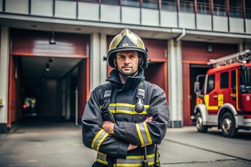 Fototapeta premium Firefighter Standing in Front of Fire Station.