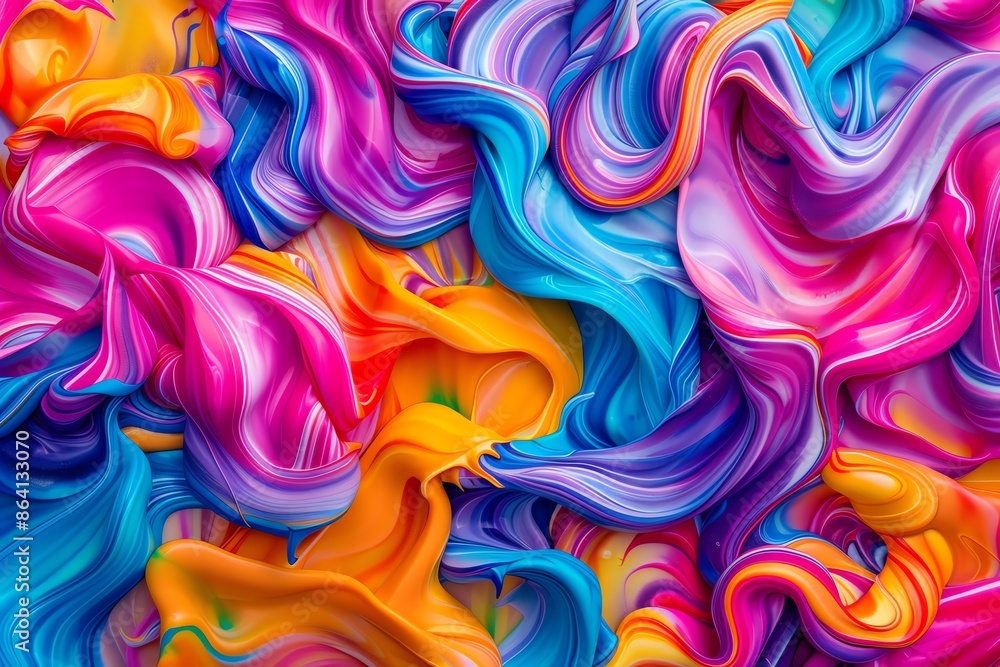 Poster vibrant and colorful abstract waves of paint blend in a dynamic swirl of blues, pinks, yellows, and 