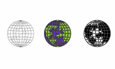 3 kinds of earth sketches in different color variants. black, white and blue. The earth silhouette icon logo is neatly arranged with color gradations on a white background