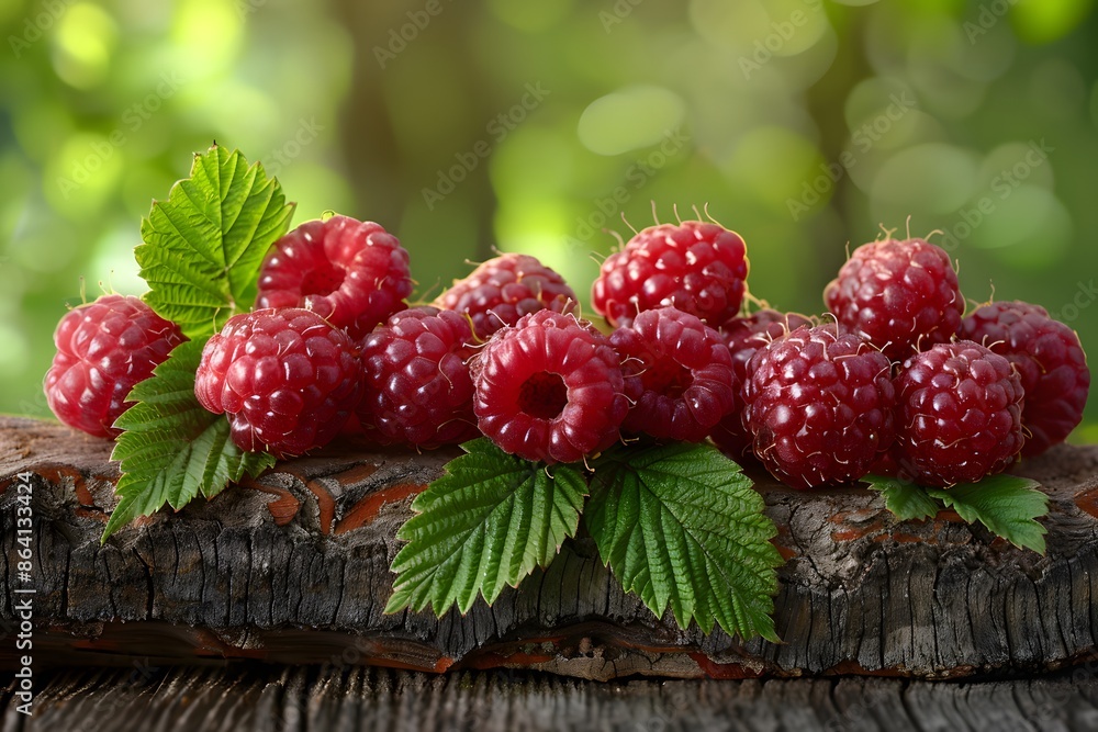 Wall mural fresh raspberries on rustic wooden surface with green leaves - Wall murals