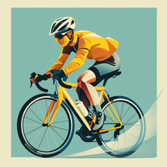 Naklejka premium A man is riding a bicycle with a yellow jacket and sunglasses. Concept of freedom and adventure, as the man is enjoying the ride on a sunny day