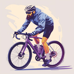 Fototapeta premium A man in a blue jacket and black shorts rides a bicycle. He is wearing a helmet and sunglasses