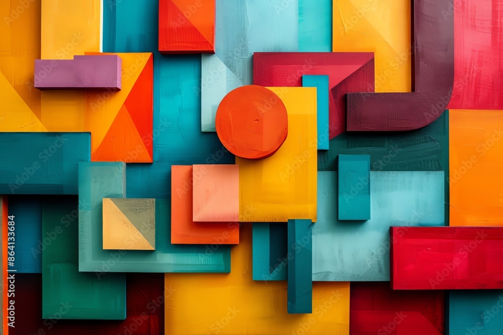 Poster vibrant geometric abstract art with colorful 3d shapes and overlapping patterns creating a dynamic a