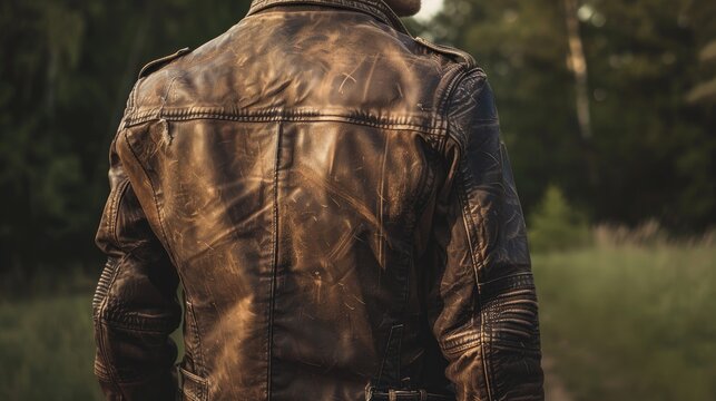 Focus on the back of vintage buffalo leather moto jacket