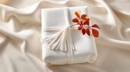 Elegant gift wrapped in white cloth with a decorative tassel and autumn leaves on a cream satin fabric background.