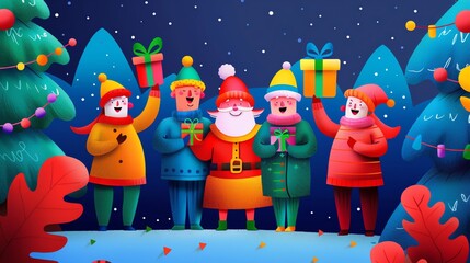 Festive illustration of Santa Claus with cheerful friends holding gifts in a snowy, decorated forest. Celebrating Christmas spirit and joy.