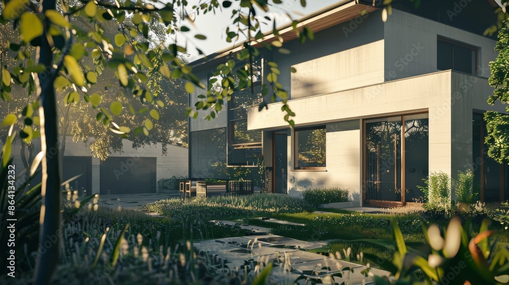 Poster modern minimalist family house with garage and terrace rendered in photorealistic shaders using v-ra